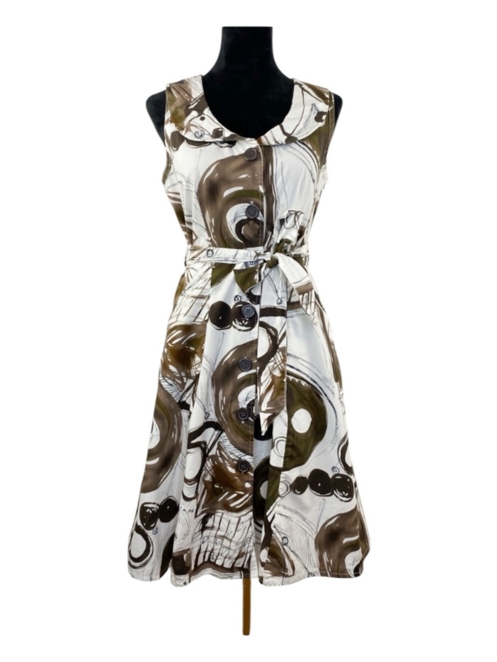 Mlle Gabrielle Abstract Button Front Cotton Dress Belted Pockets Size Medium